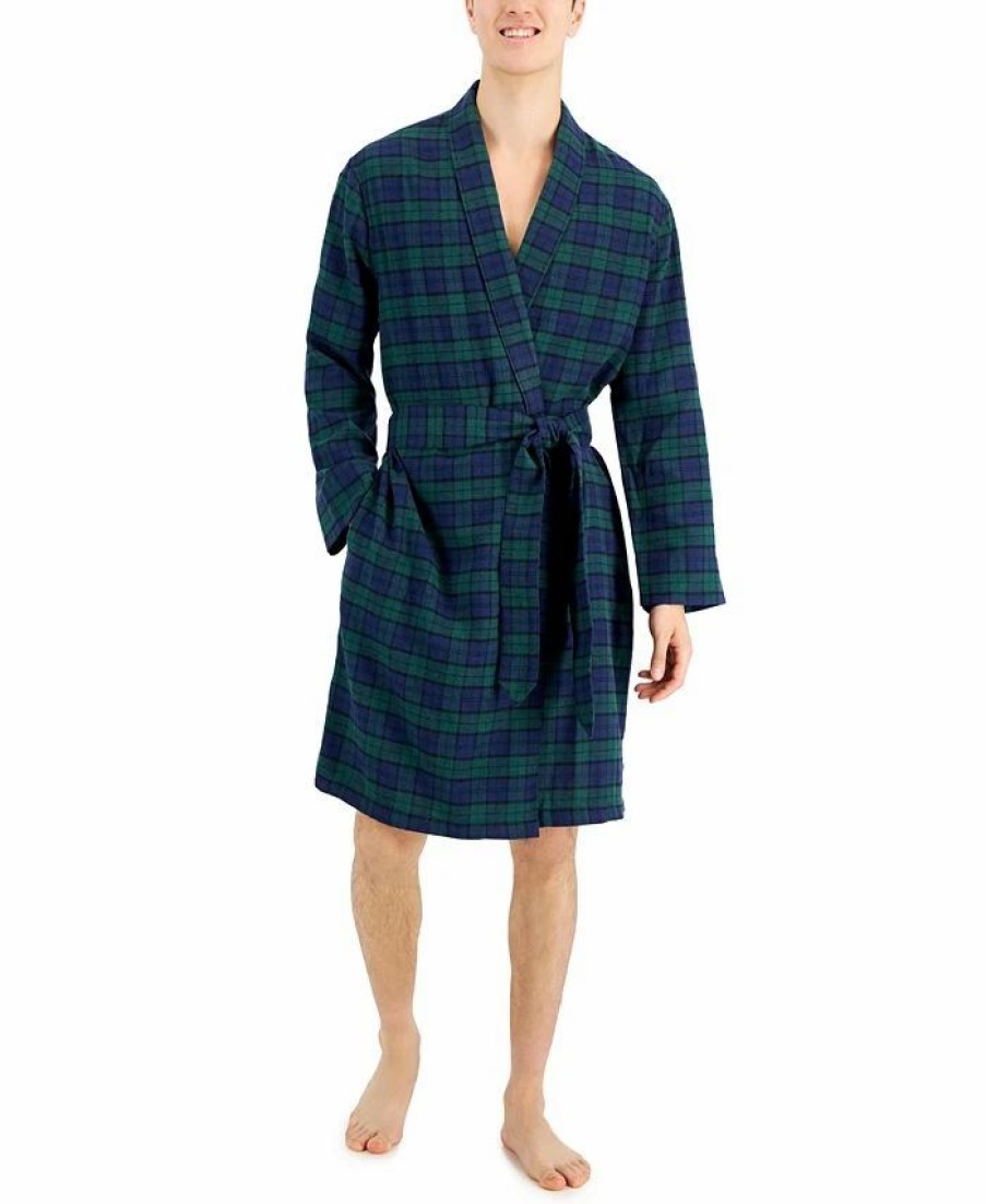 Pajamas & Robes * | Club Room Men'S Plaid Plush Flannel Robe, Created For Macy'S Navy Green