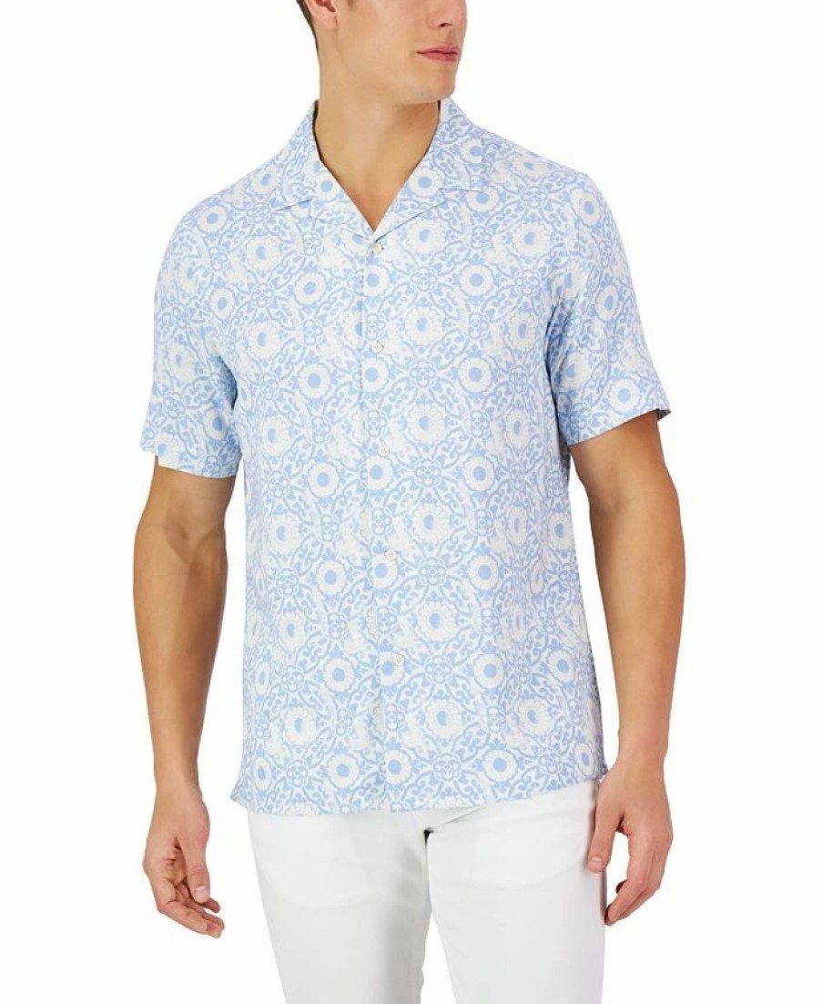 Casual Button-Down Shirts * | Club Room Men'S Short-Sleeve Tile Shibori Silk Shirt, Created For Macy'S Bright White