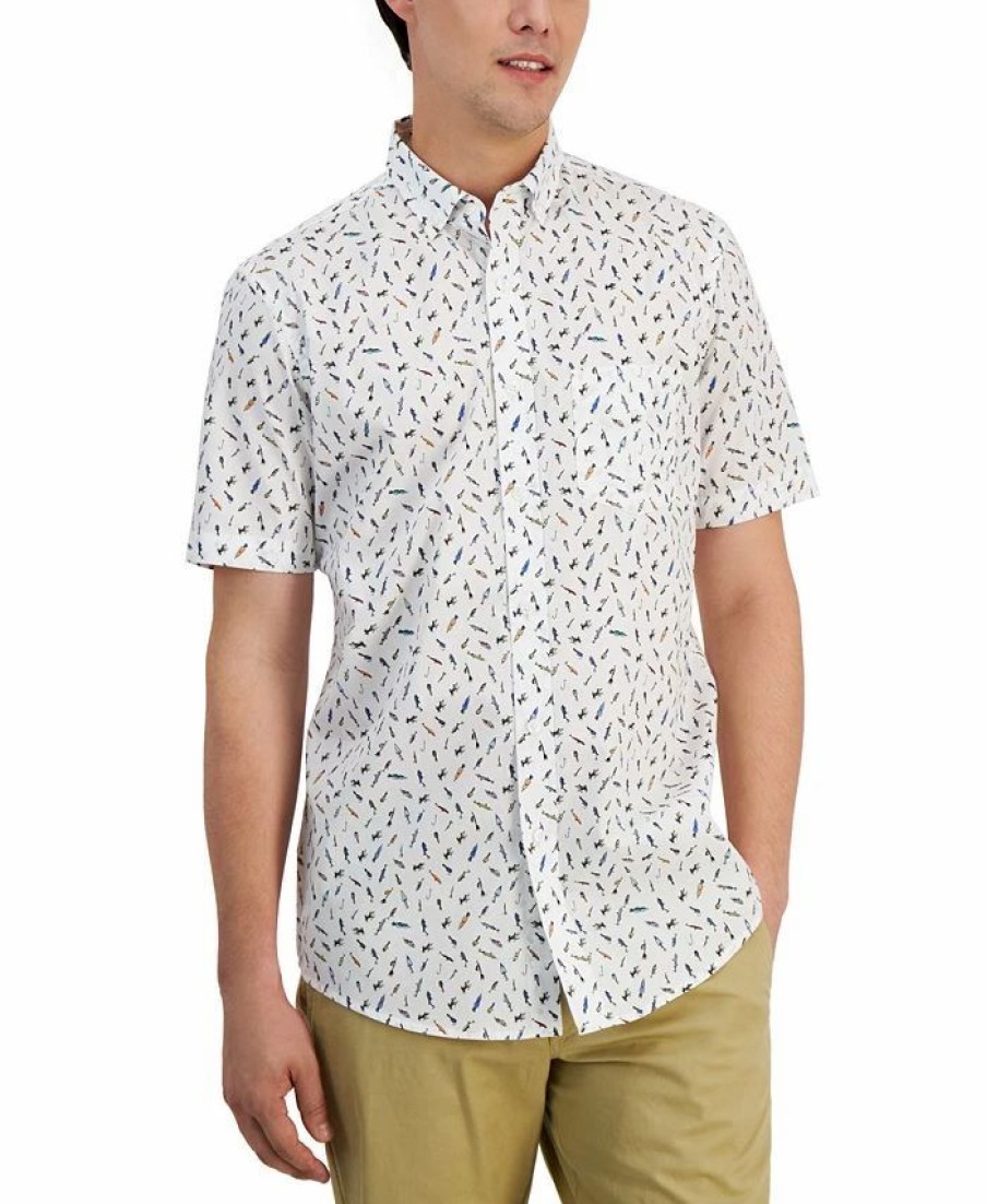 Casual Button-Down Shirts * | Club Room Men'S Off The Hook Classic-Fit Printed Button-Down Poplin Shirt, Created For Macy'S Bright White