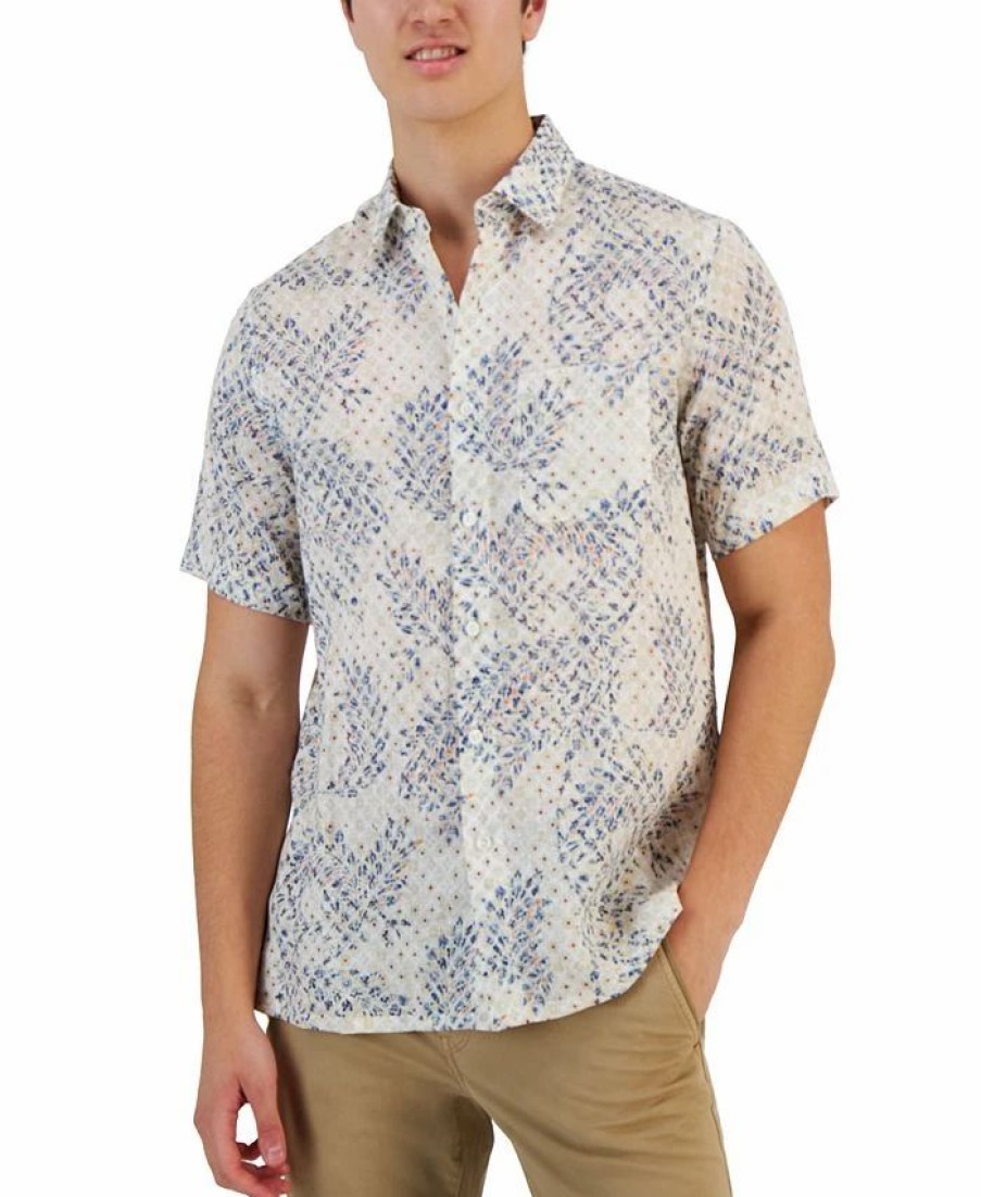 Casual Button-Down Shirts * | Club Room Men'S Assertta Leaf Print Linen Short-Sleeve Shirt, Created For Macy'S Bright White