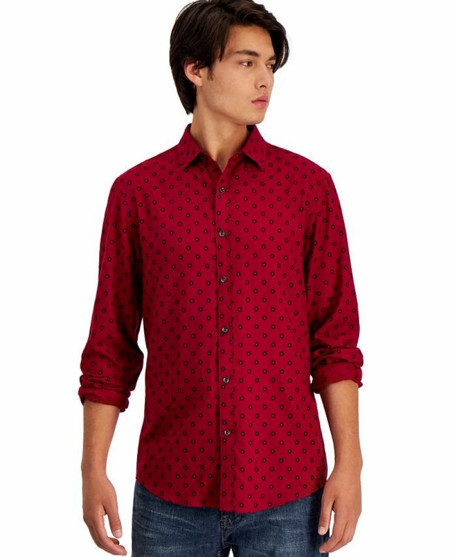 Casual Button-Down Shirts * | Alfani Men'S Long-Sleeve Paloma Medallion-Print Shirt, Created For Macy'S Red Heather Combo