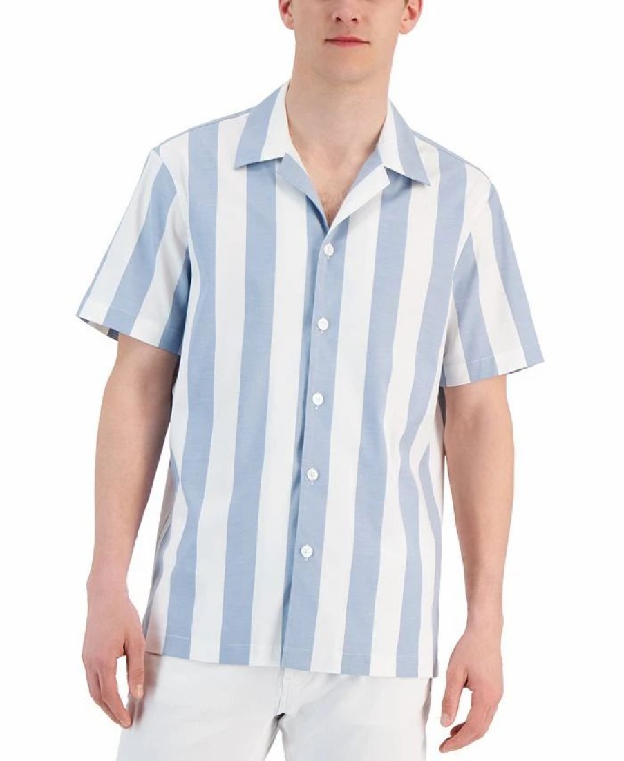 Casual Button-Down Shirts * | Michael Kors N'S Slim-Fit Rugby Stripe Short-Sleeve Button-Up Shirt Chambray