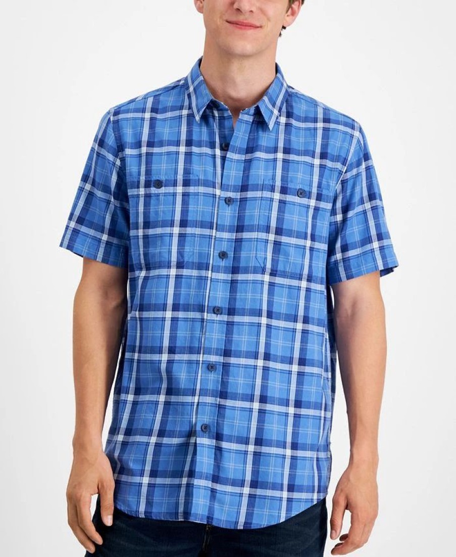 Casual Button-Down Shirts * | Sun + Stone Men'S Regular-Fit Plaid Shirt, Created For Macy'S Pompador Blue