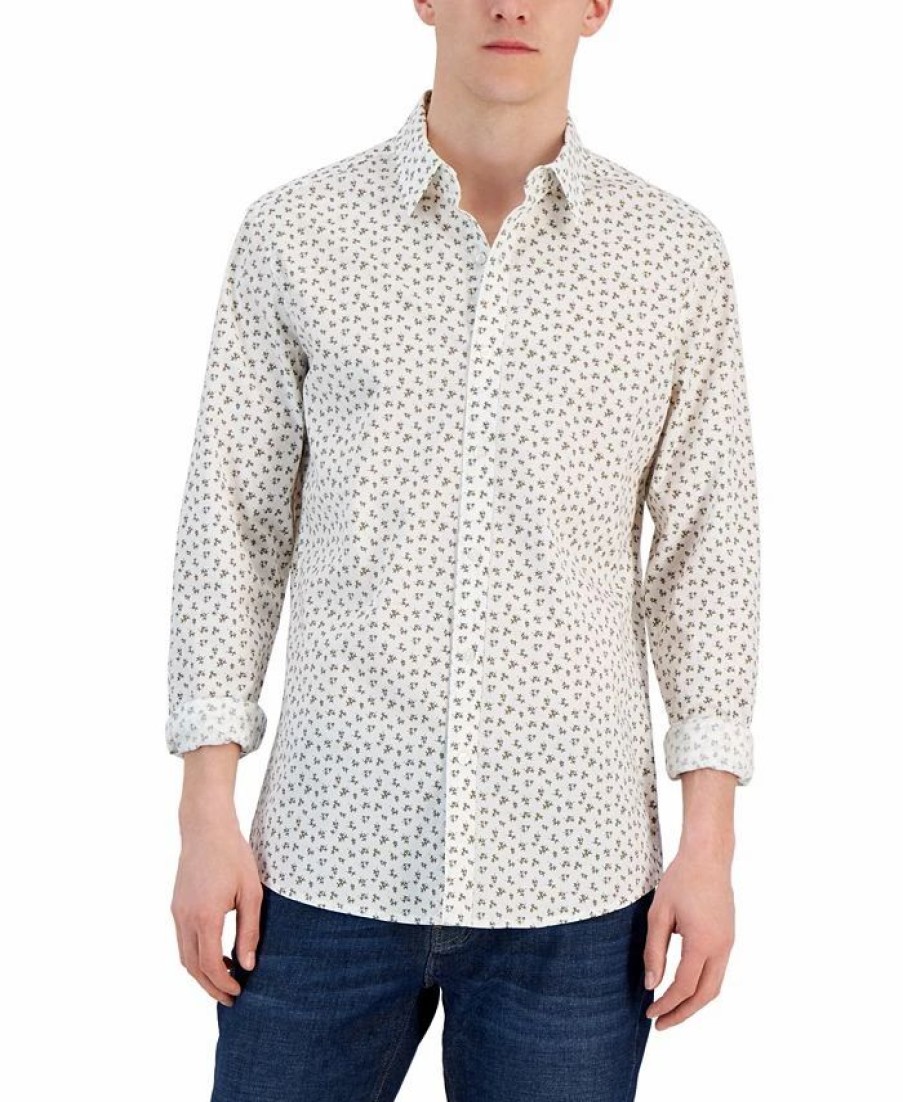 Casual Button-Down Shirts * | Michael Kors N'S Slim-Fit Stretch Small Field Print Long-Sleeve Button-Up Shirt Sage Olive