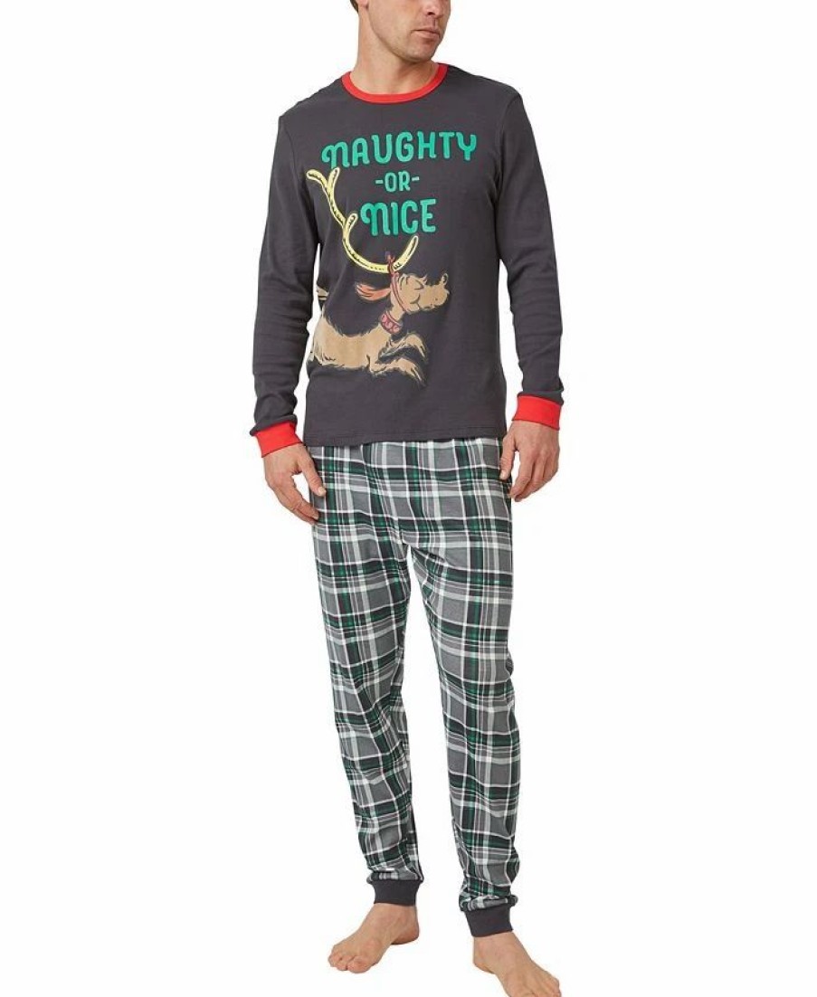 Pajamas & Robes * | Cotton On Men'S Neil Adults Long Sleeve Licensed Pajama Set, 2 Piece Rabbit Gray, Grinch Naughty Or Nice