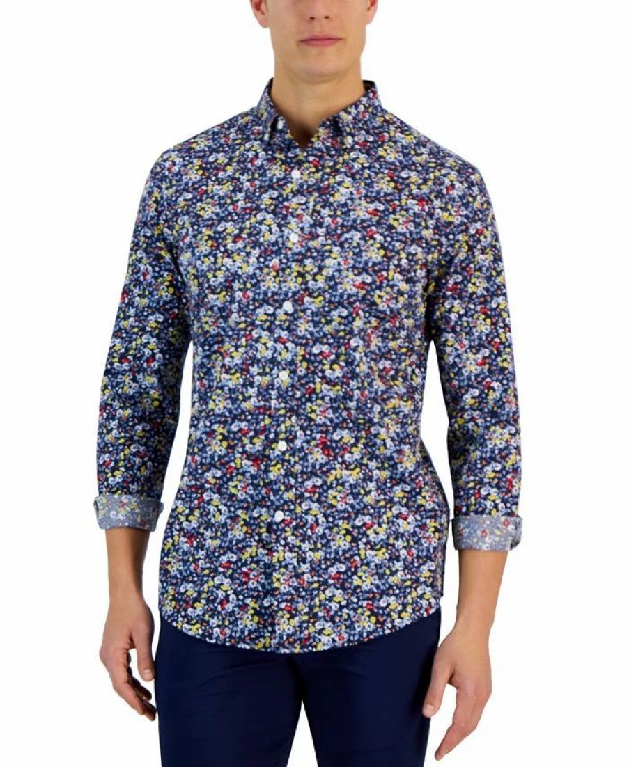 Casual Button-Down Shirts * | Club Room Ken Long Sleeve Button-Down Ditsy Floral Print Shirt, Created For Macy'S Navy Blue