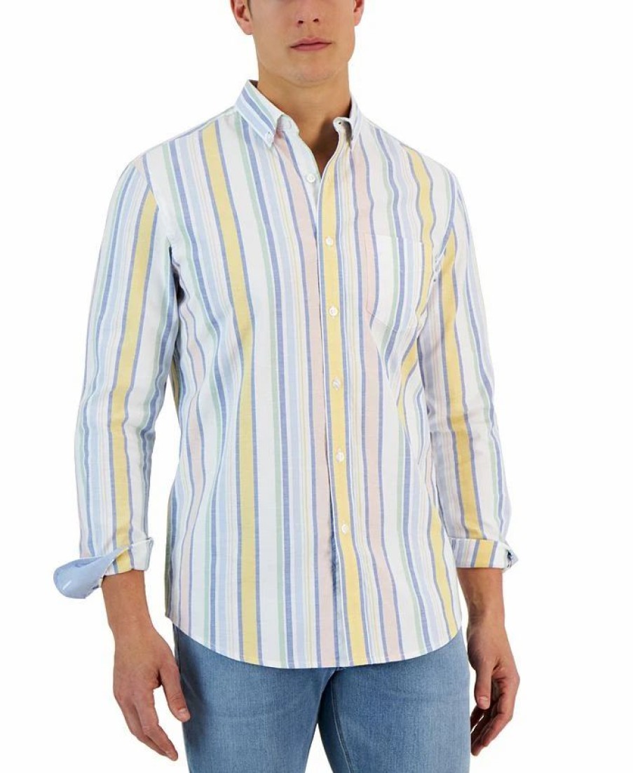 Casual Button-Down Shirts * | Club Room Raig Long Sleeve Multicolor Striped Oxford Shirt, Created For Macy'S Bright White