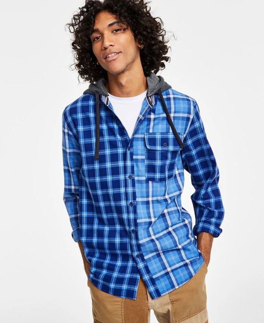 Casual Button-Down Shirts * | Sun + Stone Men'S Snyder Regular-Fit Patchwork Plaid Hooded Shirt, Created For Macy'S Blue Combo