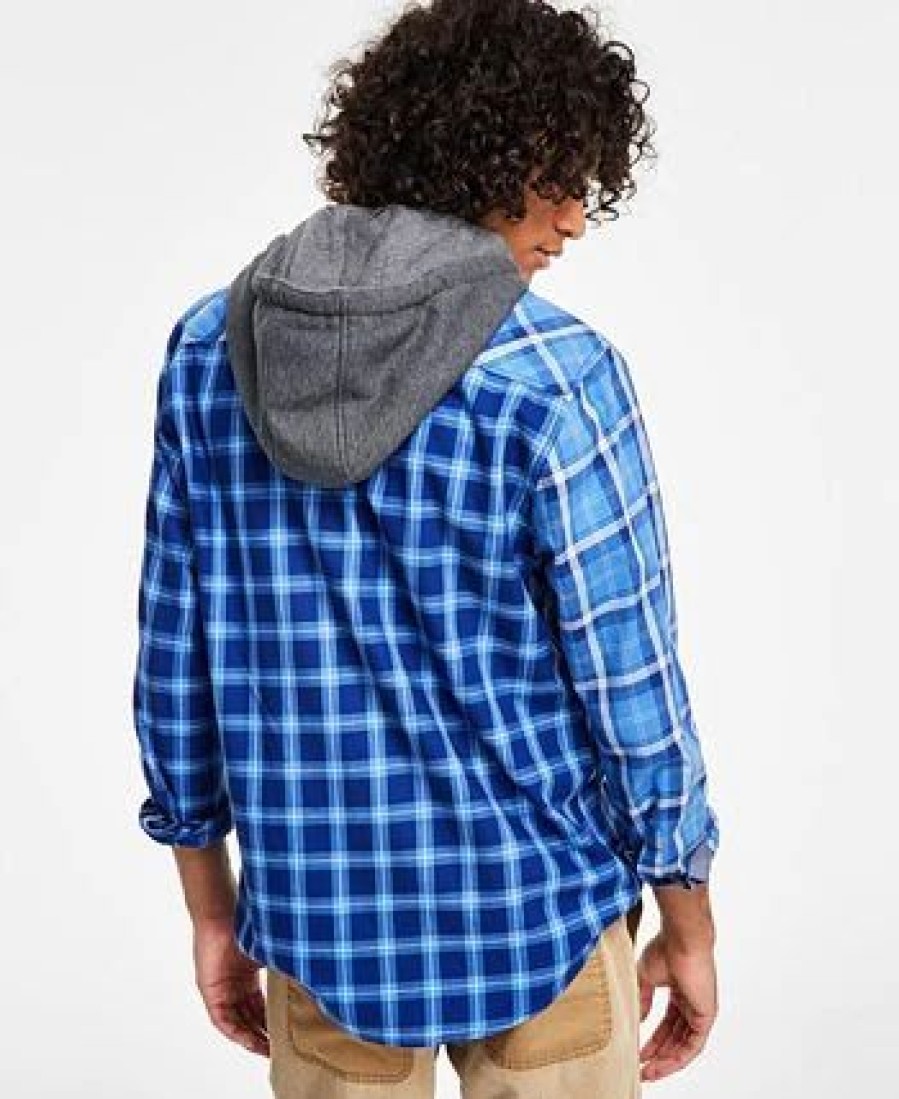 Casual Button-Down Shirts * | Sun + Stone Men'S Snyder Regular-Fit Patchwork Plaid Hooded Shirt, Created For Macy'S Blue Combo