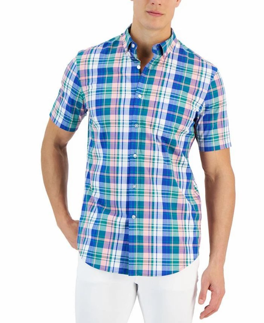 Casual Button-Down Shirts * | Club Room Rown Classic-Fit Plaid Button-Down Poplin Shirt, Created For Macy'S Hyper Blue