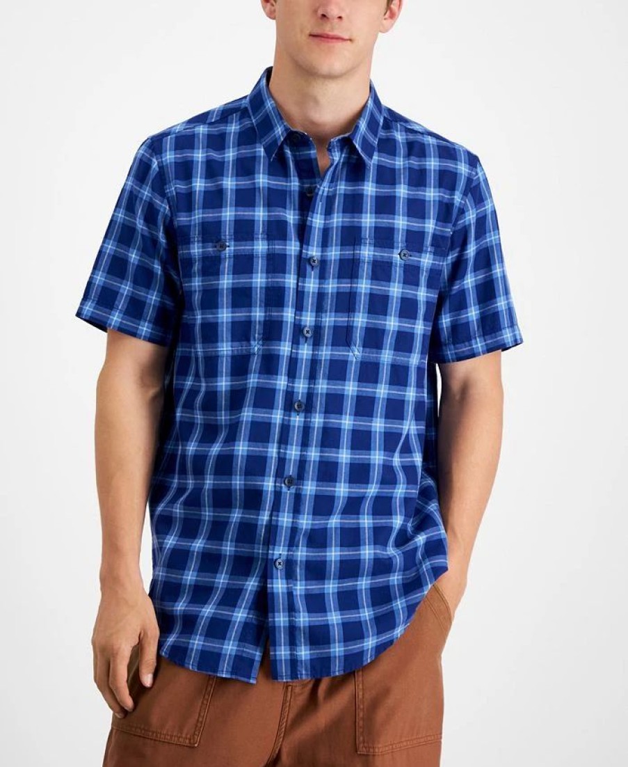 Casual Button-Down Shirts * | Sun + Stone Men'S Regular-Fit Plaid Shirt, Created For Macy'S Pompador Blue